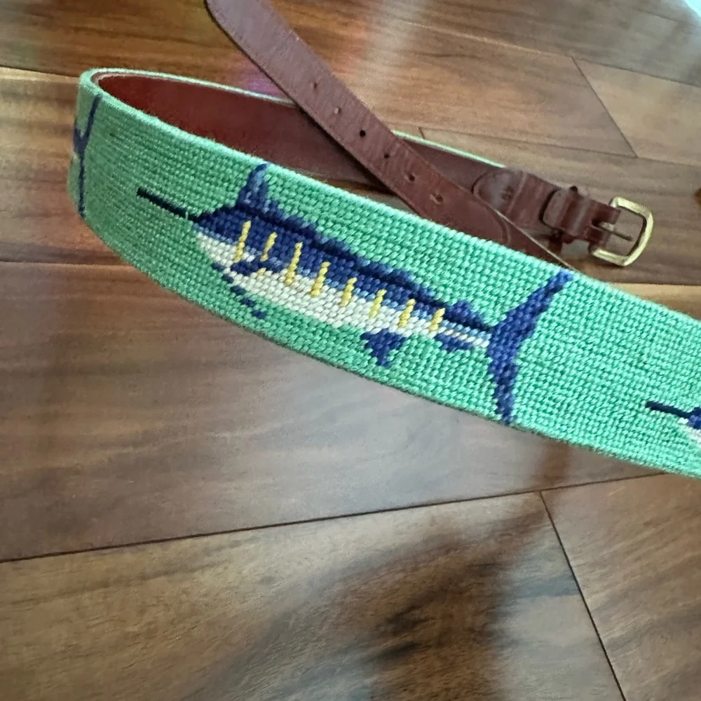 SMATHERS AND BRANSON HAND STITCHED NEEDLEPOINT BILLFISH LEATHER BELT SIZE 40